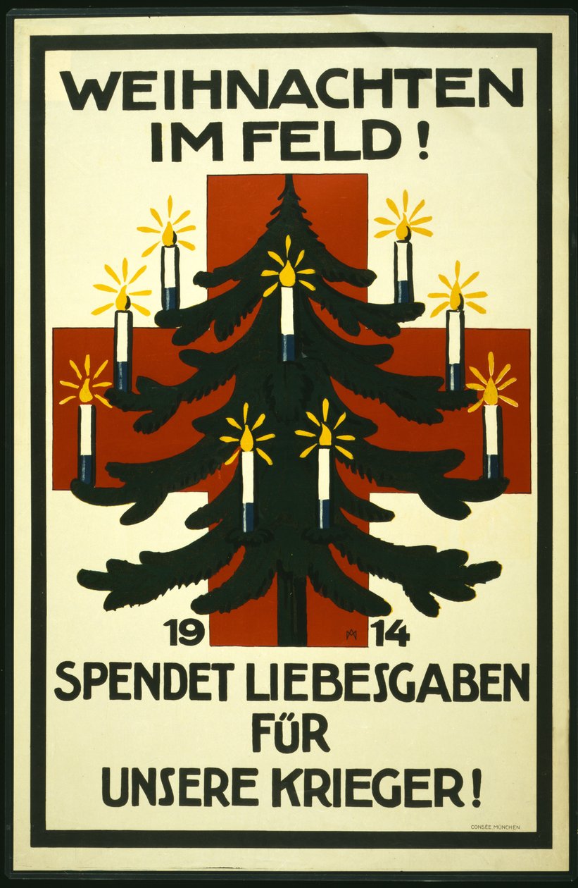 Campanha de Natal da Cruz Vermelha Alemã pedindo pacotes para enviar às tropas na linha da frente, pub. Munique de Adolf Munzer