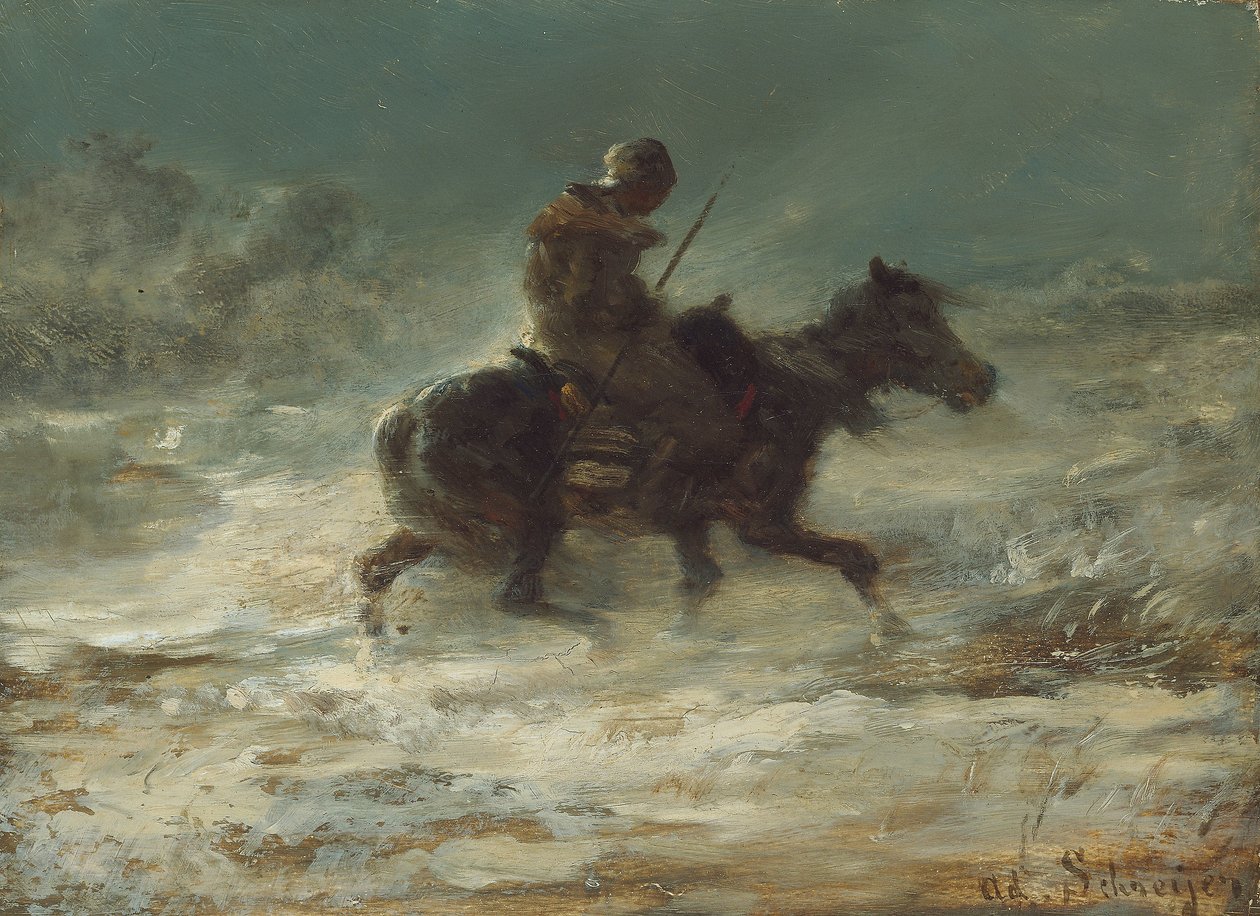 Homem com lança andando pela neve, c.1880 de Adolf Schreyer