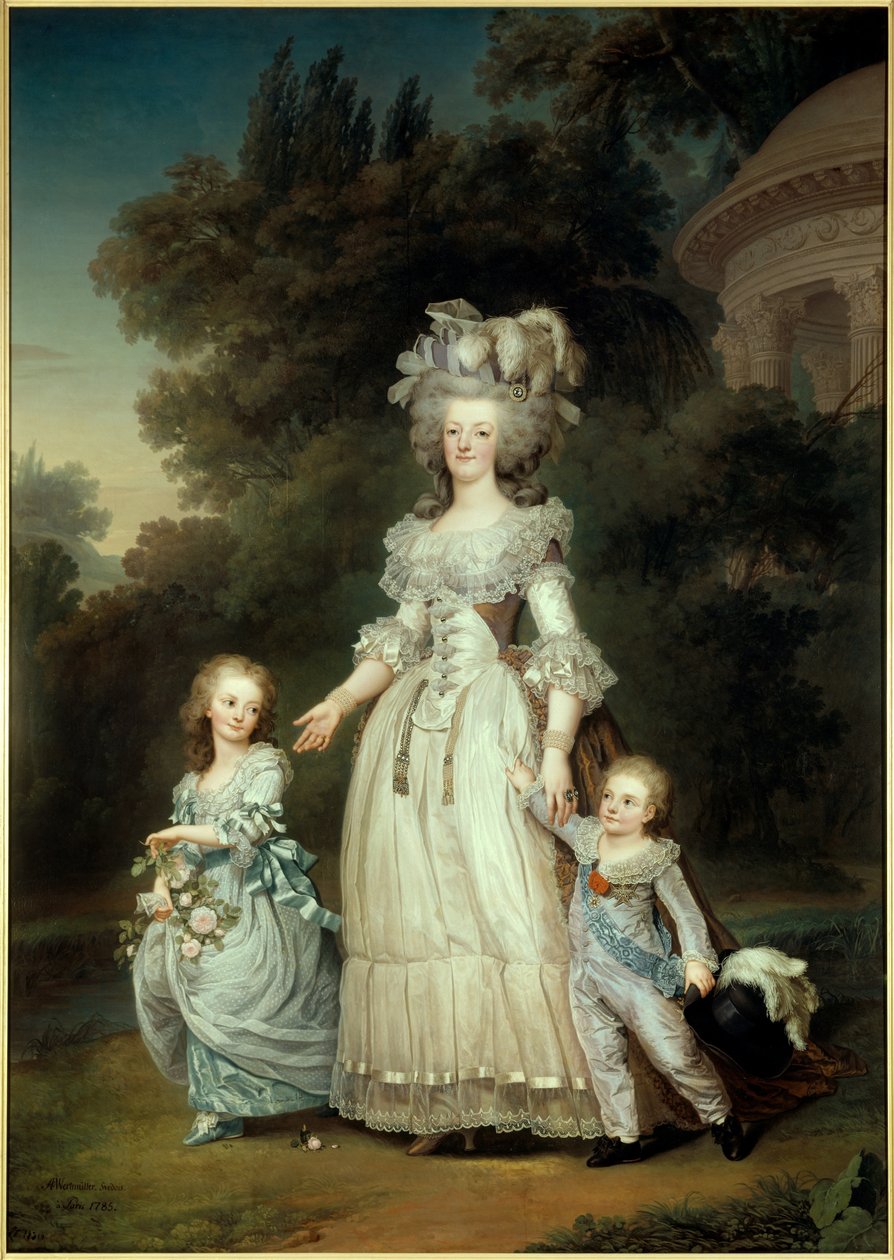 Retrato no pé da Rainha da França Maria Antonieta (1754-1793) com Marie Therese ou Madame Royale (1778-1851) e o primeiro Dauphin Louis Joseph Xavier Francois ou Louis de France (1781-1789) caminhando pelos jardins da Trianon Painting by Ad de Adolf Ulrich Wertmuller