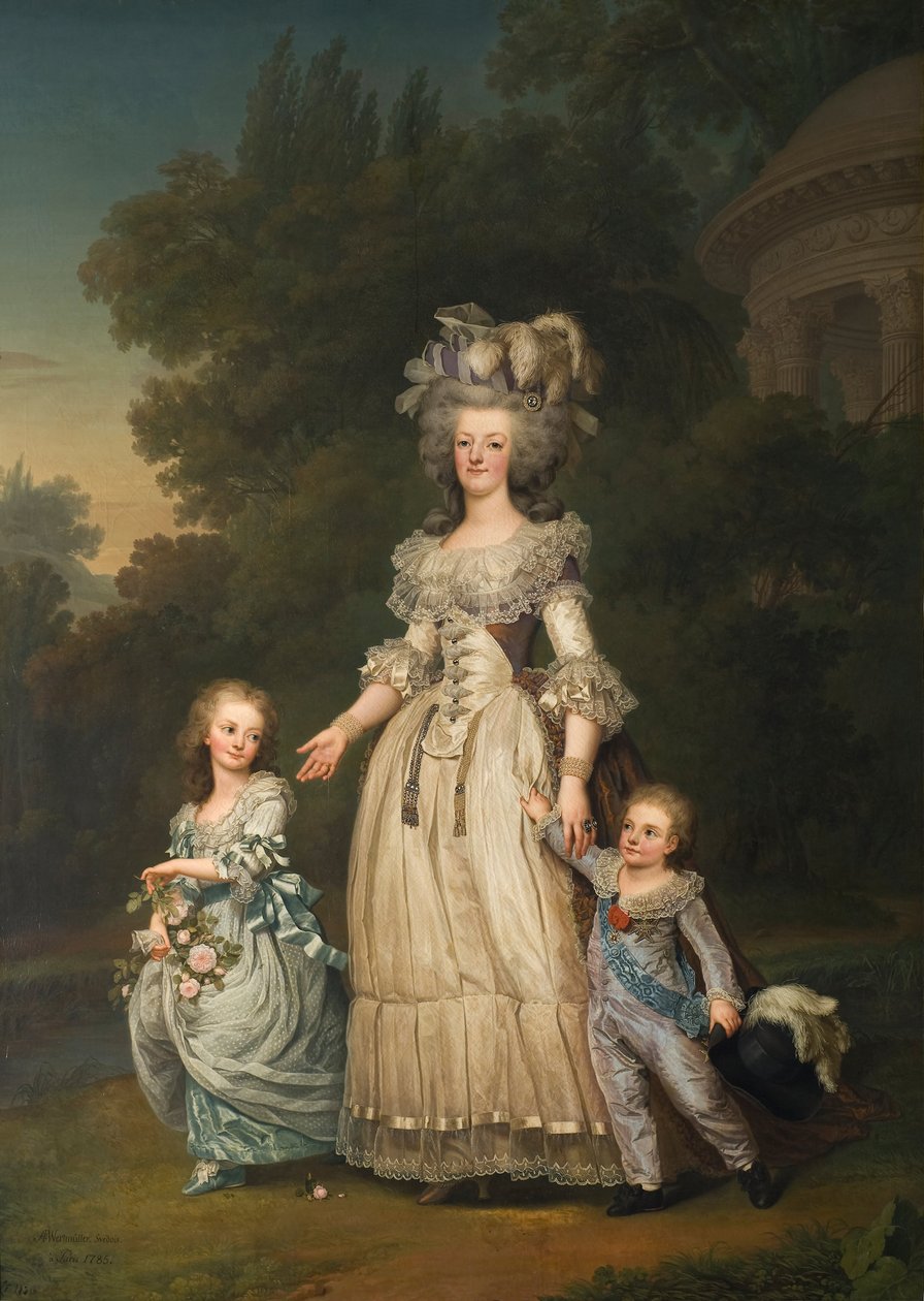 Rainha Maria Antonieta da França e dois de seus filhos caminhando no parque de Trianon, 1785 de Adolf Ulrich Wertmuller