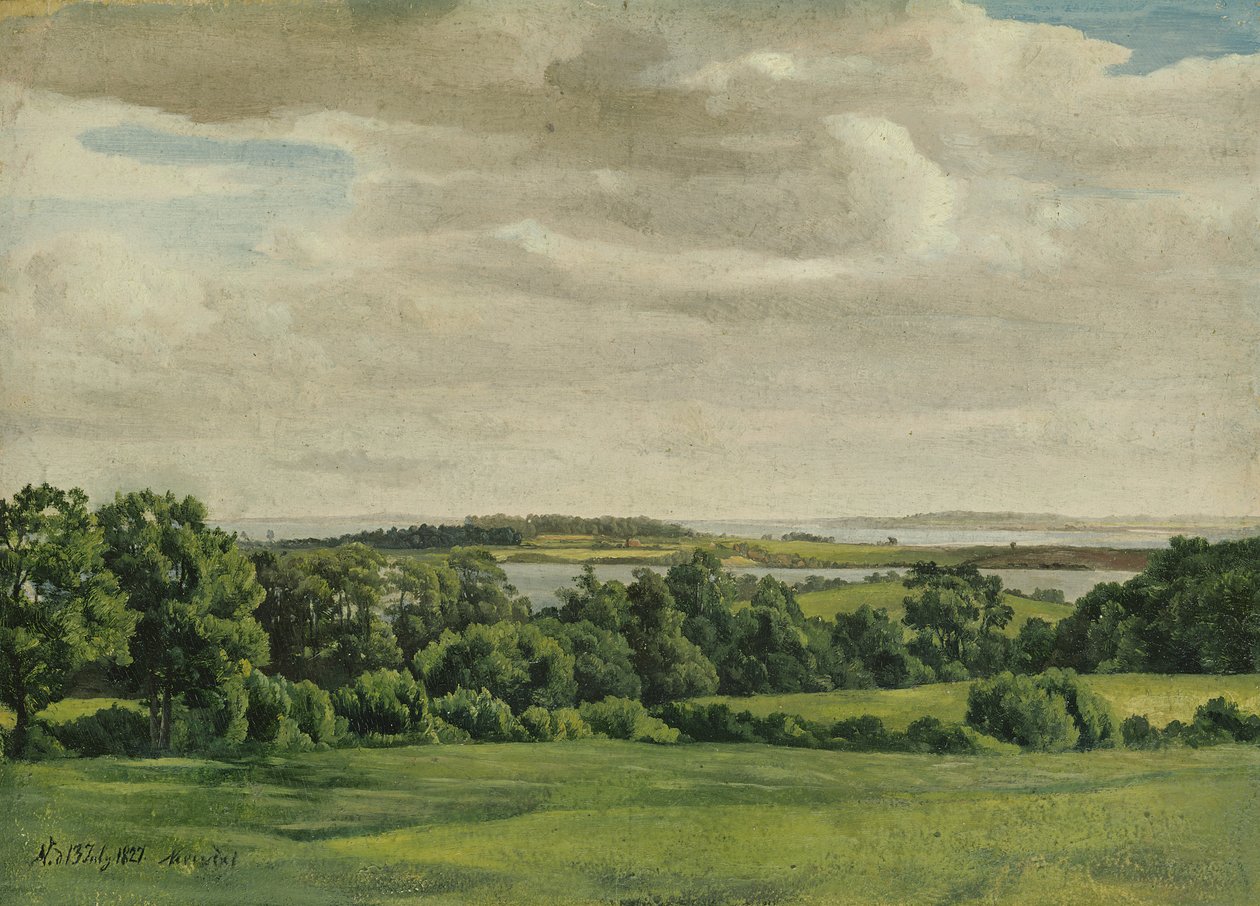 Paisagem em Holstein, 1827 (óleo sobre papel montado no cartão) de Adolf Vollmer