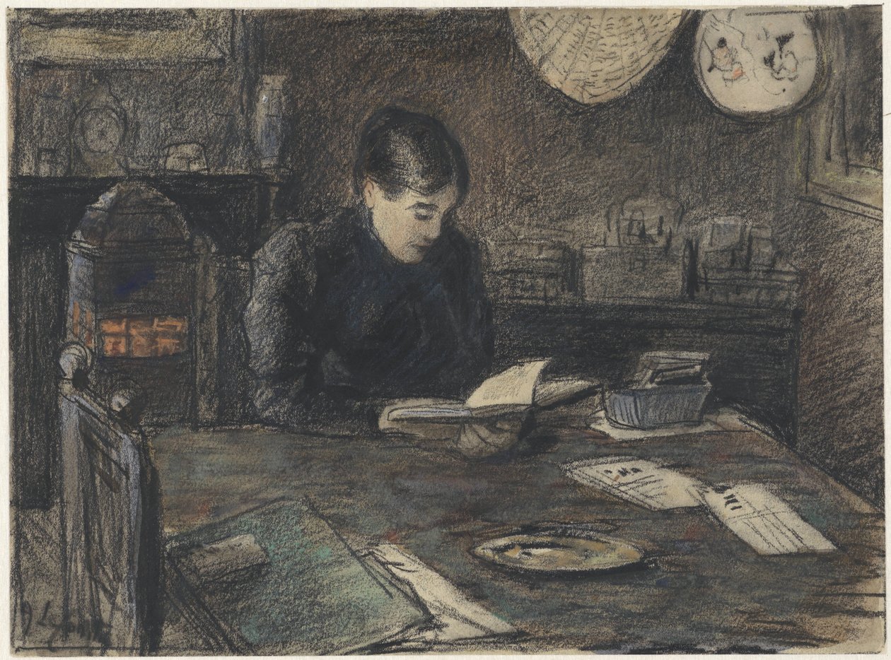 Mulher lendo em uma mesa de Adolf le Comte