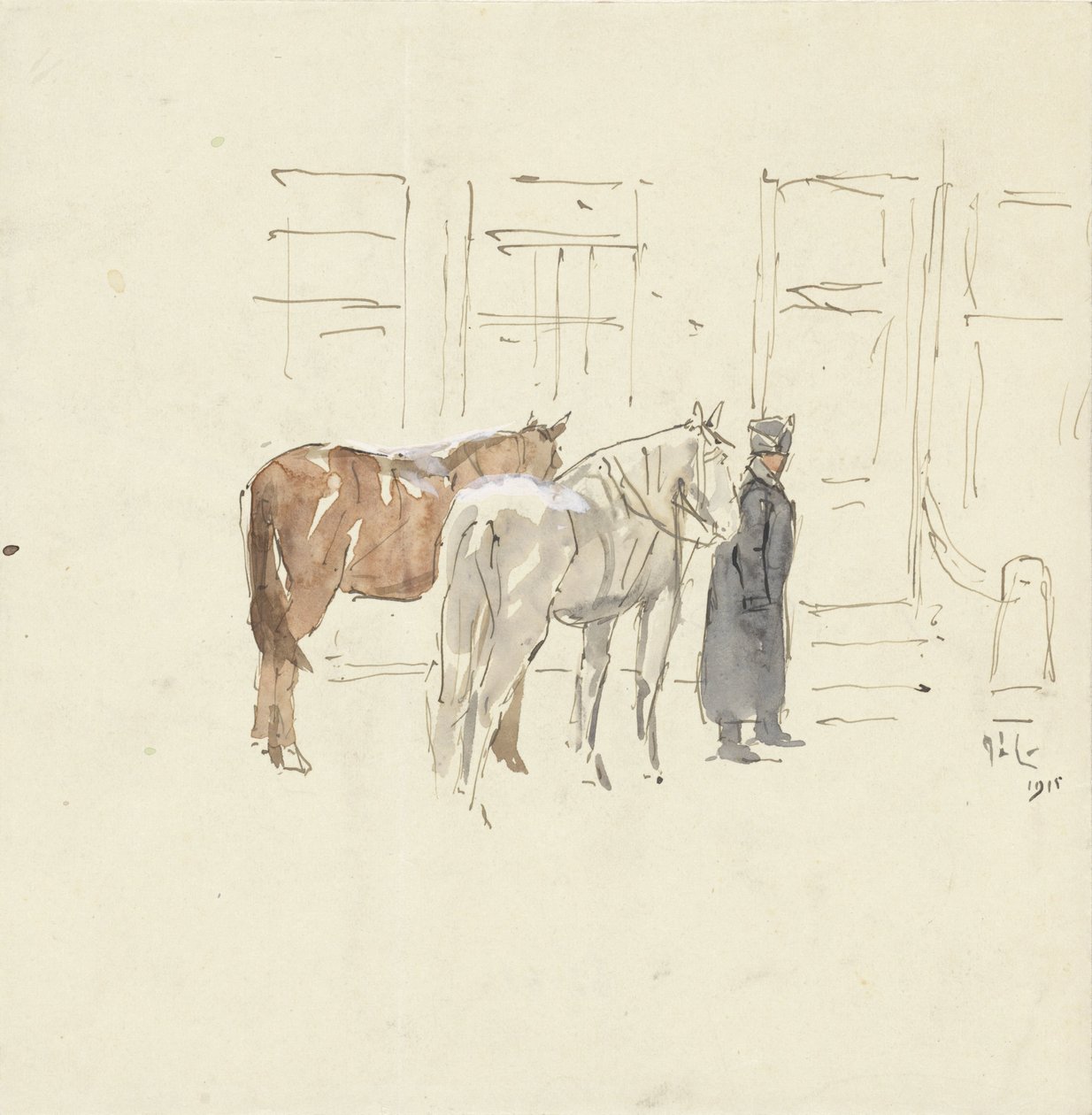 Homem com dois cavalos na frente de um prédio de Adolf le Comte
