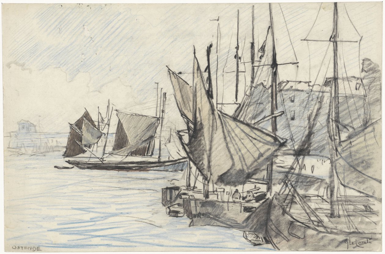 Navios à vela no porto de Ostende de Adolf le Comte