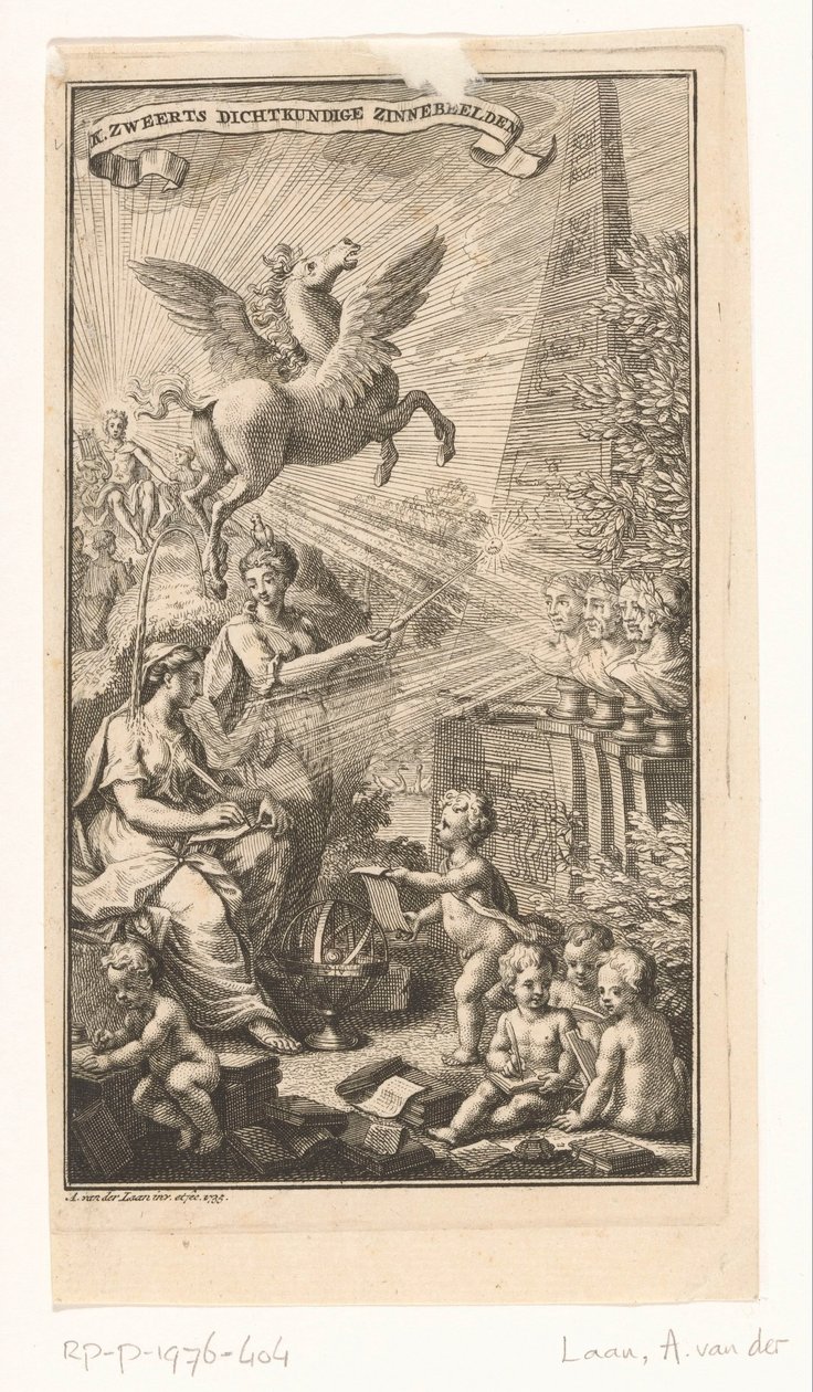 Cena alegórica com mulher escrevendo, bustos, Pegasus e Apollo Página de título para: Cornelis Sweerts, símbolos poéticos, 1736 de Adolf van der Laan