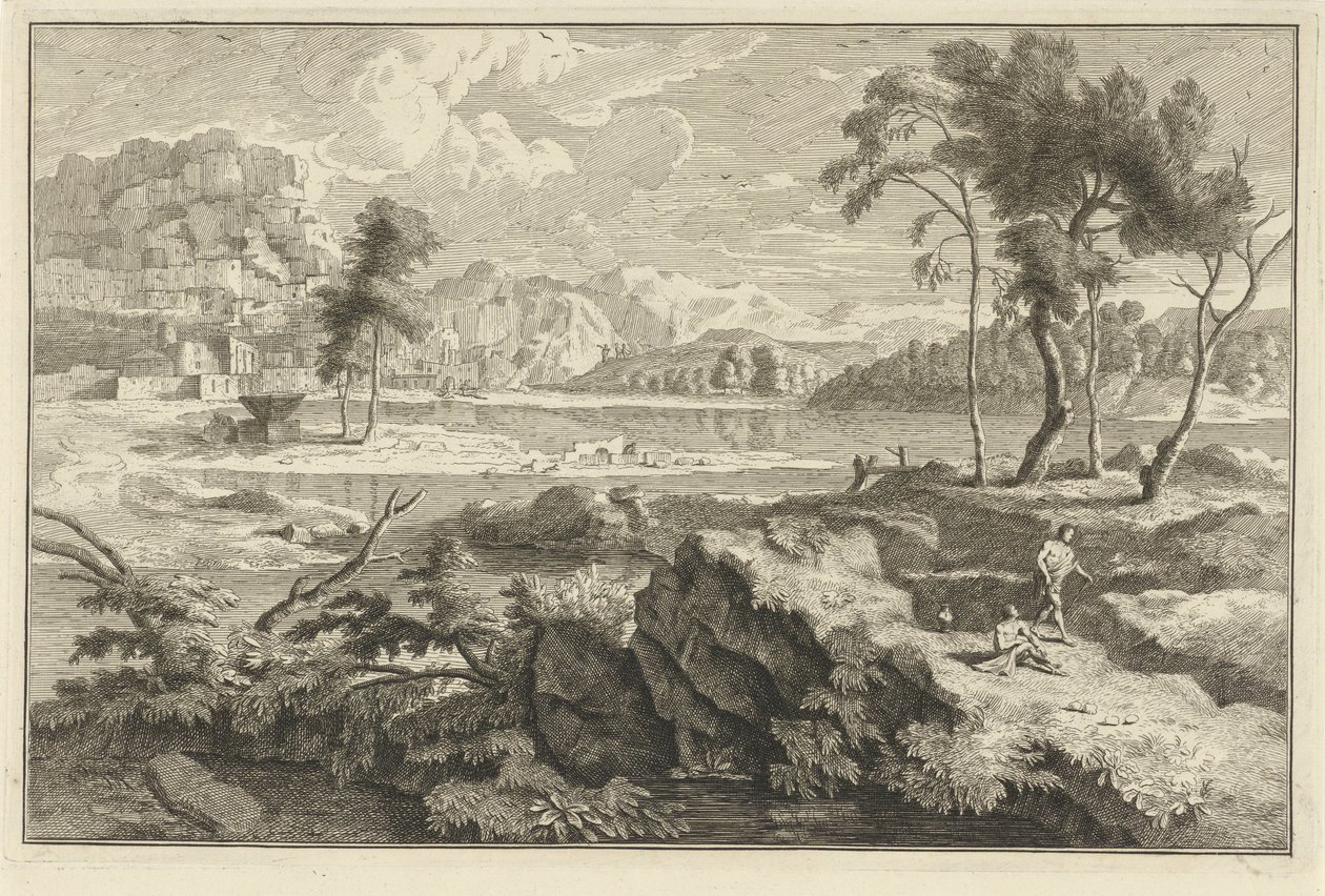 Paisagem da Arcádia com rochas e rio Paisagens italianas e alemãs (título da série) de Adolf van der Laan