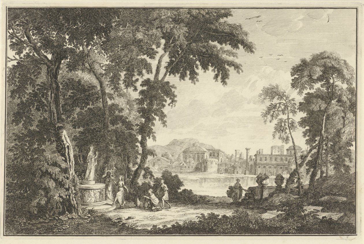 Paisagem do rio Arcadian com figuras adorando uma estátua Paisagens italianas e alemãs (título da série) de Adolf van der Laan