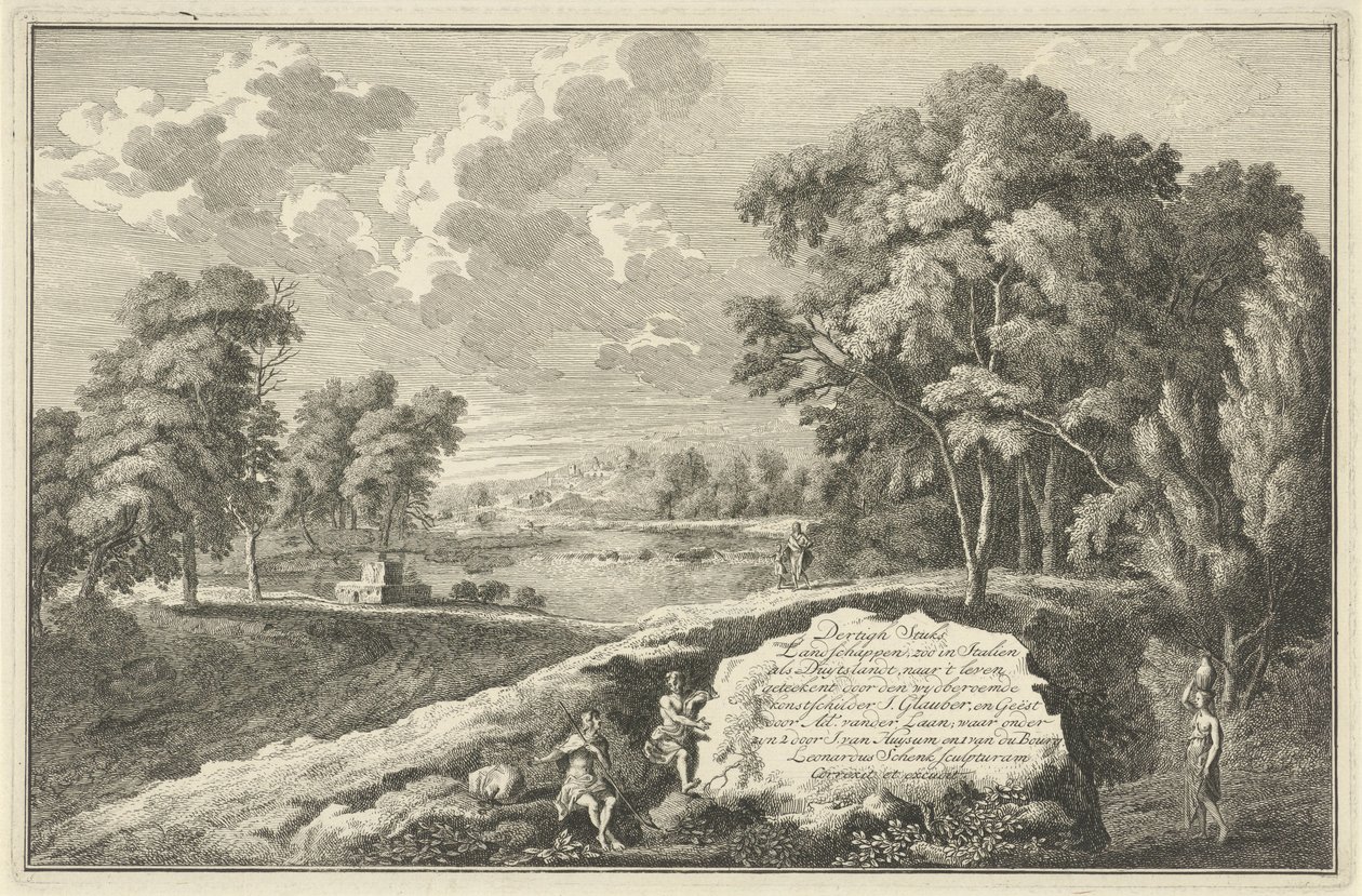 Paisagem do rio Arcadian com mulher e criança
Impressão do título para: Trinta peças de paisagens tanto em Itália como em Duytslandt
Paisagens italianas e alemãs (título da série) de Adolf van der Laan