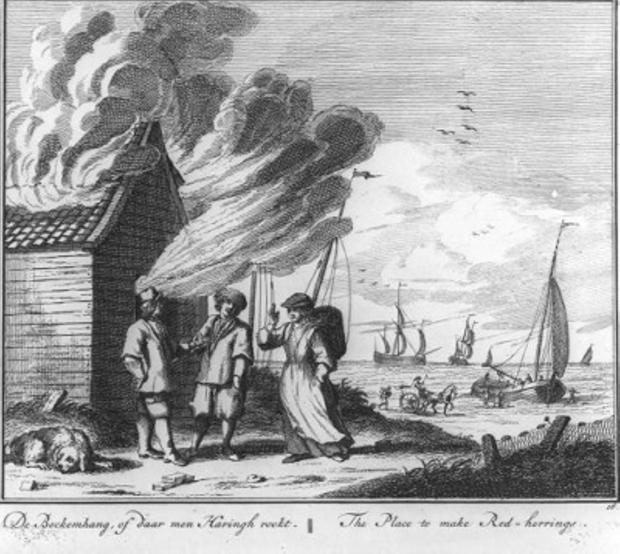 «De bockemhang, of daar men haringh rookt» (n.º 16 da série sobre a pesca do arenque) de Adolf van der Laan