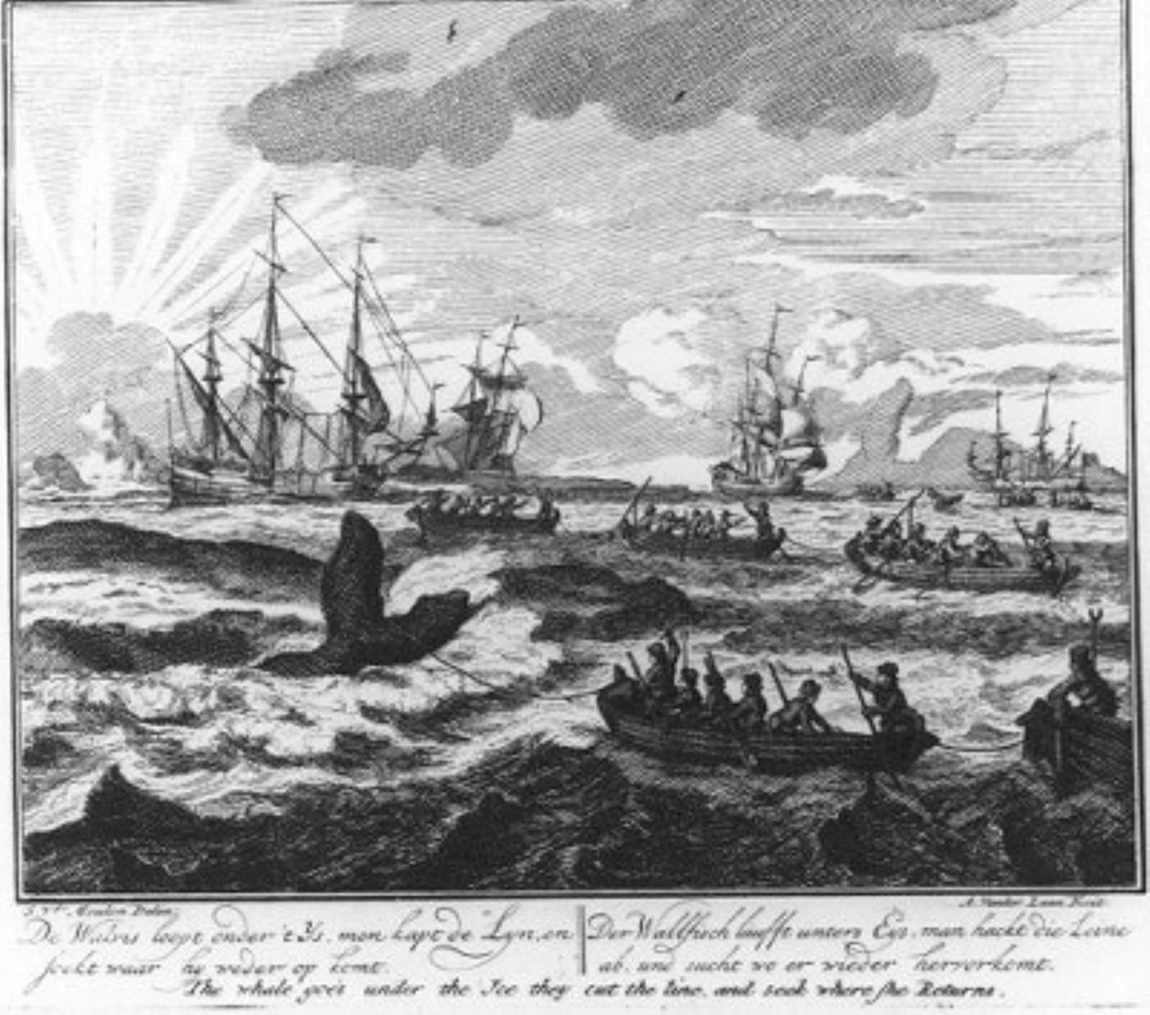 «A baleia nada sob o gelo, corta-se a linha e procura-se onde voltará a emergir.» (n.º 4 da série sobre a caça à baleia) de Adolf van der Laan
