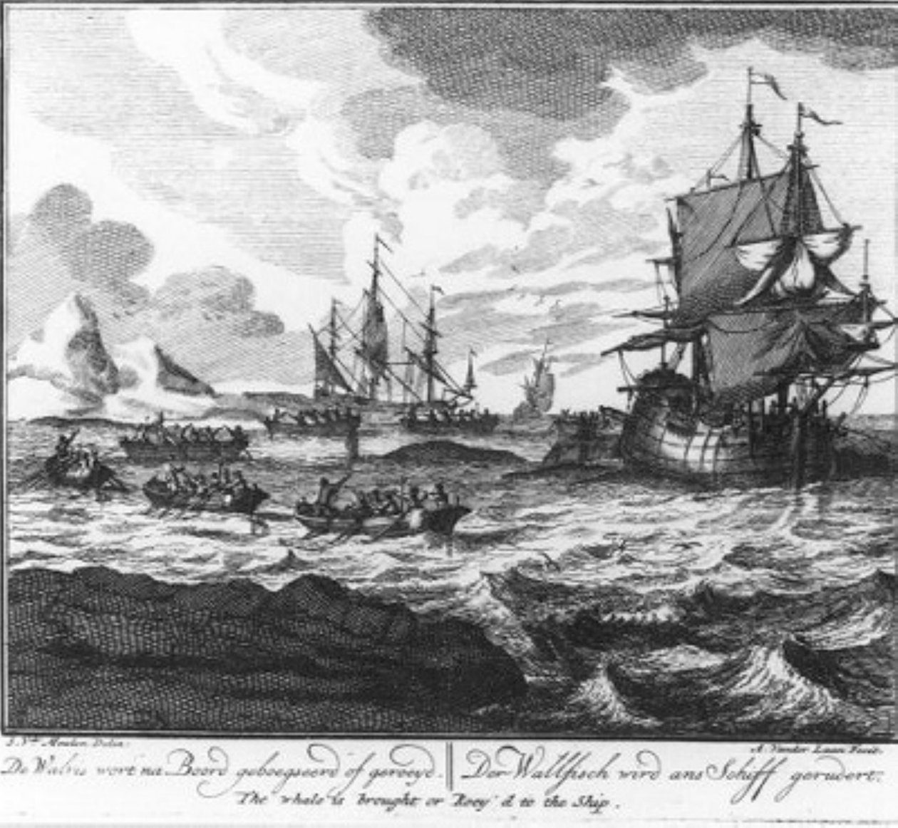«A baleia é rebocada ou remada para bordo.» (n.º 7 da série sobre a caça à baleia) de Adolf van der Laan