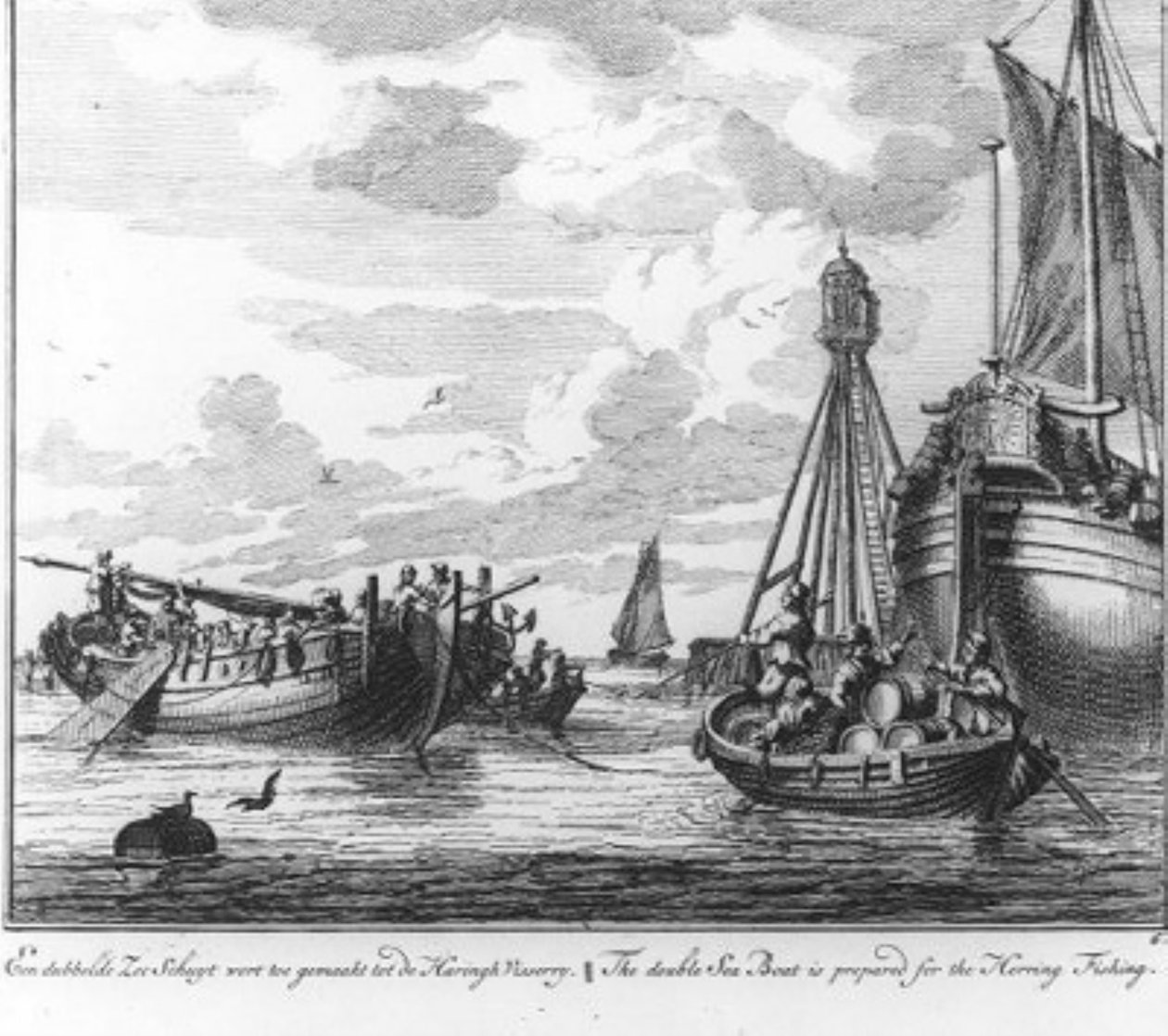 «Uma embarcação marítima dupla é preparada para a pesca do arenque» (n.º 6 da série Pesca do arenque) de Adolf van der Laan