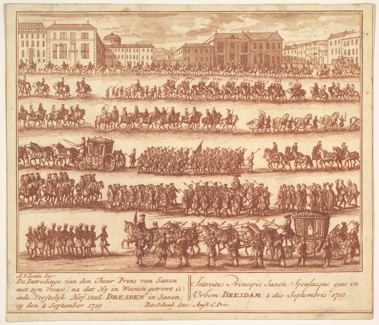 Entrada do príncipe da Saxônia com sua esposa em Dresden em 2 de setembro de 1719, af ..., ca. 1700-1755. de Adolf van der Laan