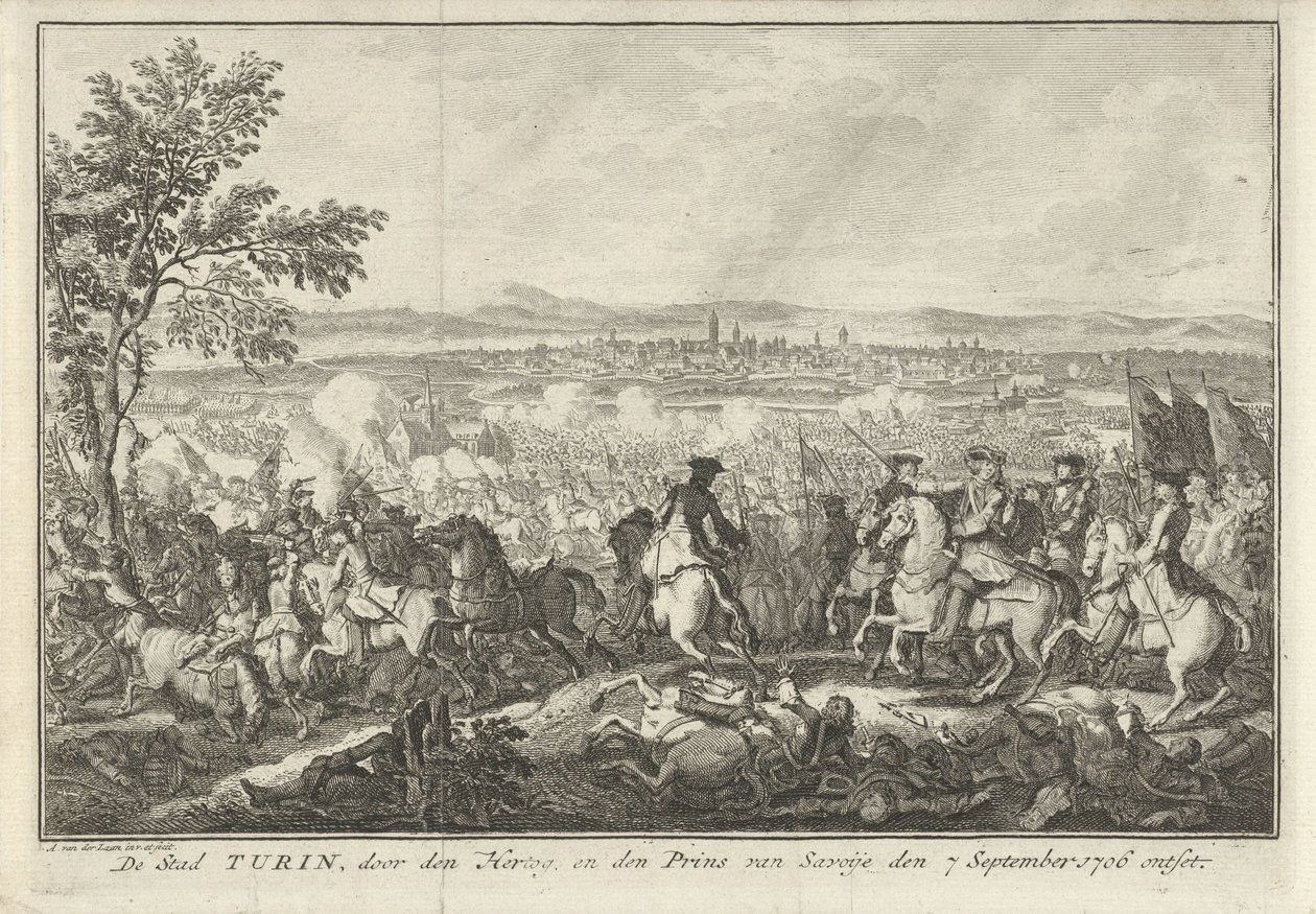 Alívio de Turim, 1706 A cidade de Turim, profanada pelo Duque e Príncipe de Saboia em 7 de setembro de 1706 (título no objeto) de Adolf van der Laan