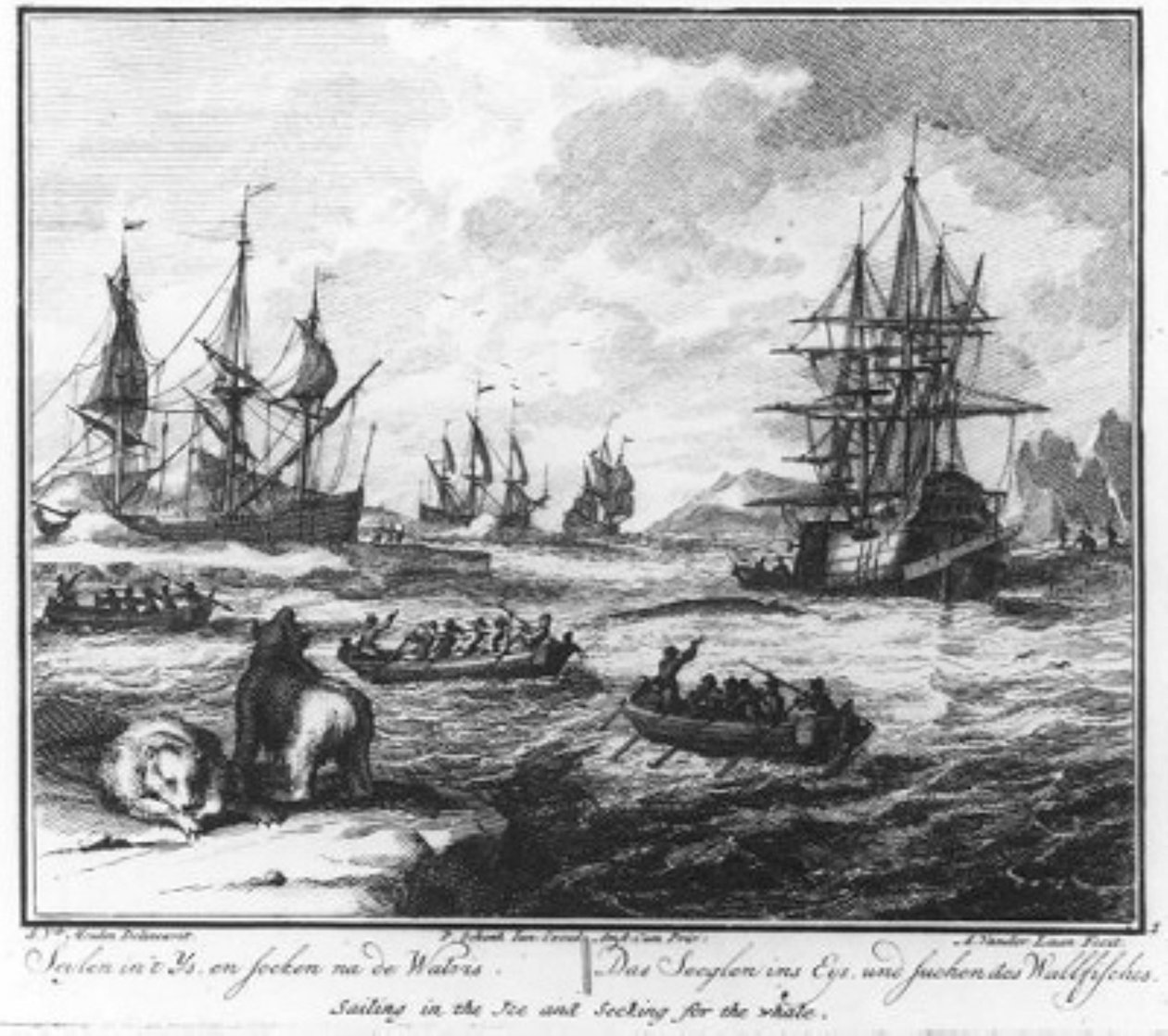 «Navegar no gelo e procurar a baleia» (n.º 1 da série sobre a caça à baleia) de Adolf van der Laan