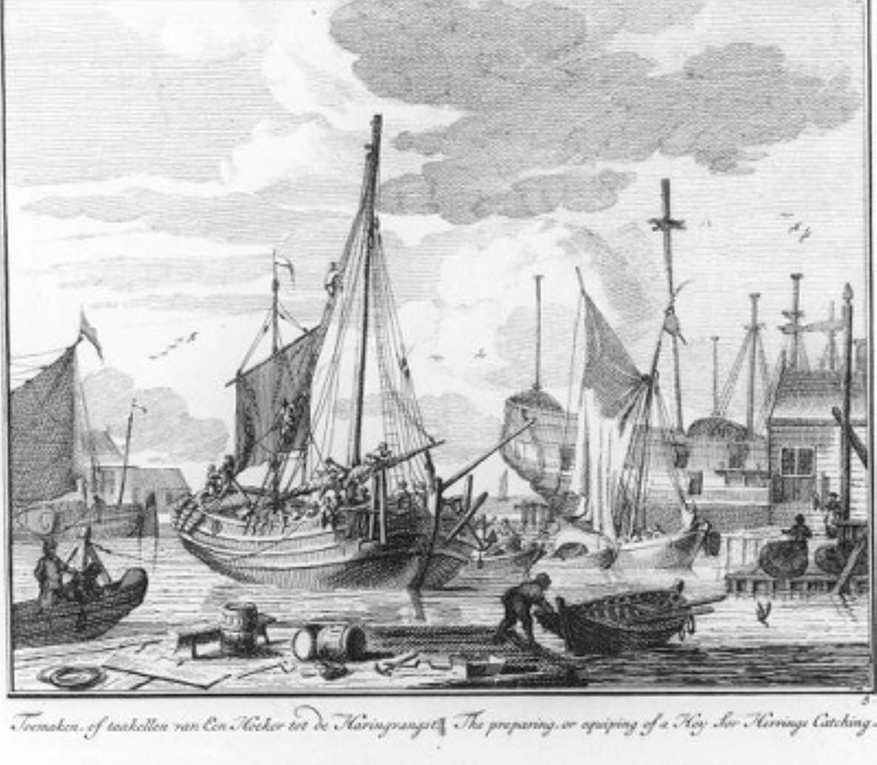 "Preparação ou aparelhamento de um hoeker para a pesca do arenque." (n.º 5 da série Pesca do arenque) de Adolf van der Laan
