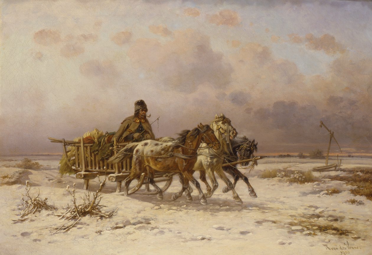Um camponês em um trenó dirigindo três cavalos de Adolf van der Venne