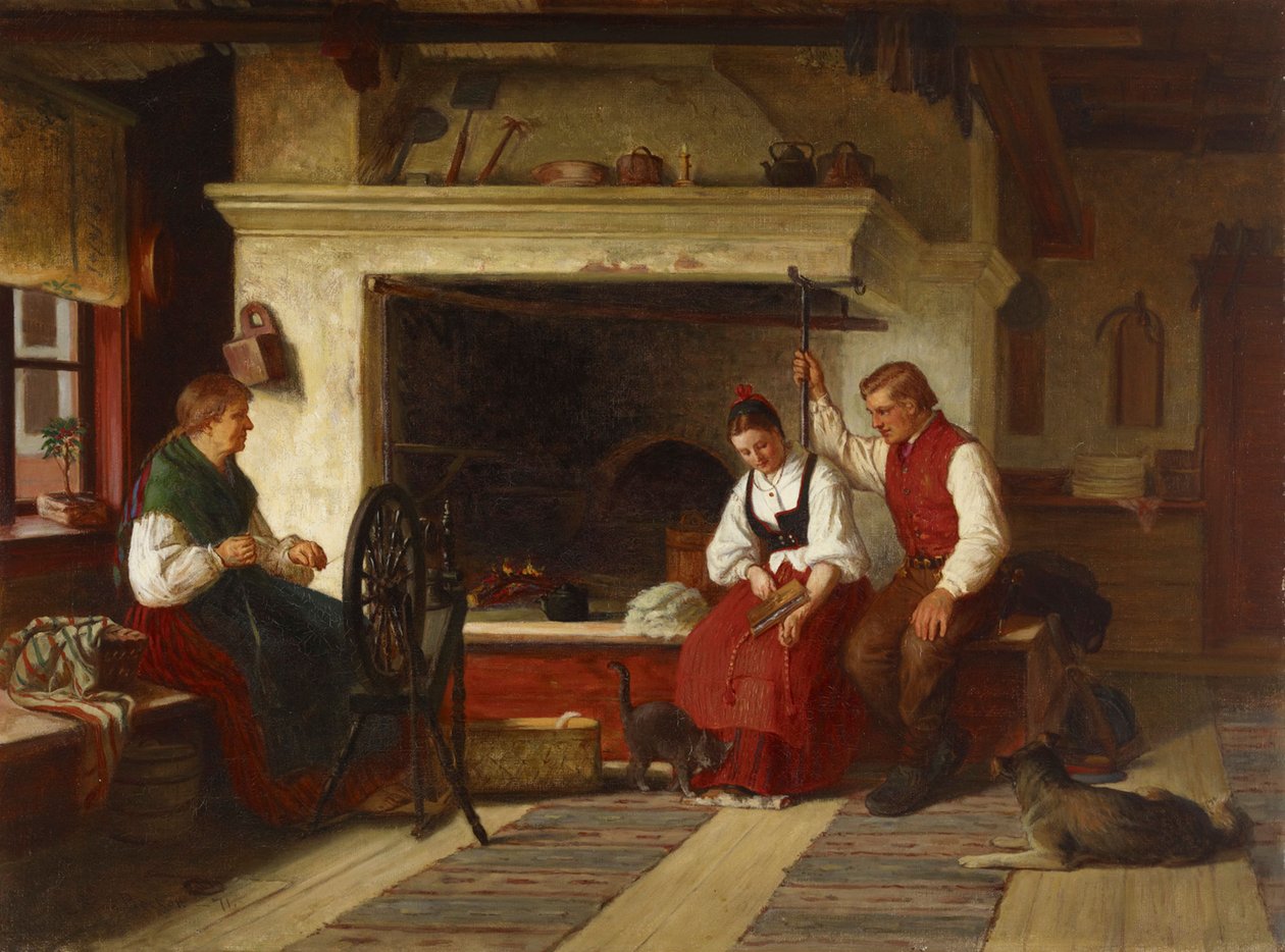 Junto à lareira, uma cena de cortejo Ostrobothniano de Adolf von Becker