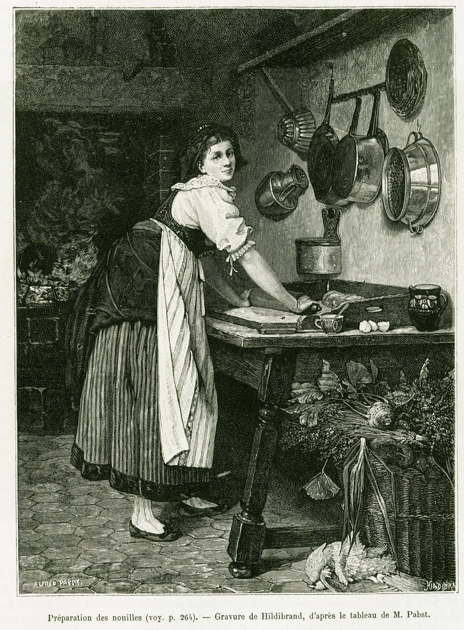 Preparação do macarrão. Gravura de Hildibrand, para ilustrar a história A Through Alsace and Lorraine, em 1887, de Charles Grad, deputado alemão, no tour du monde 1888, dirigido por Edouard Charton (1807-1890), Hachette, Paris. de Adolf von Hildebrand