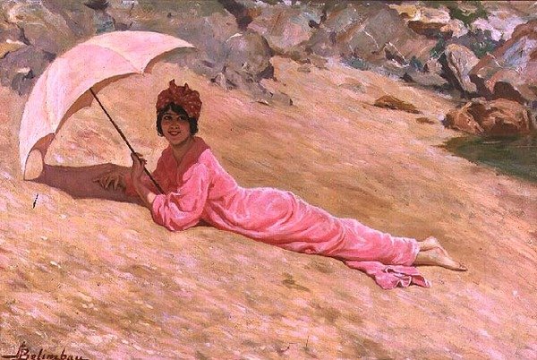 Rapariga deitada na praia com um Sol Rosa (óleo sobre tela) de Adolfo Belimbau