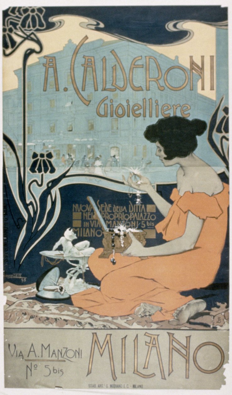 Anúncio de "A. Calderoni, joalheiro, Milão de Adolfo Hohenstein