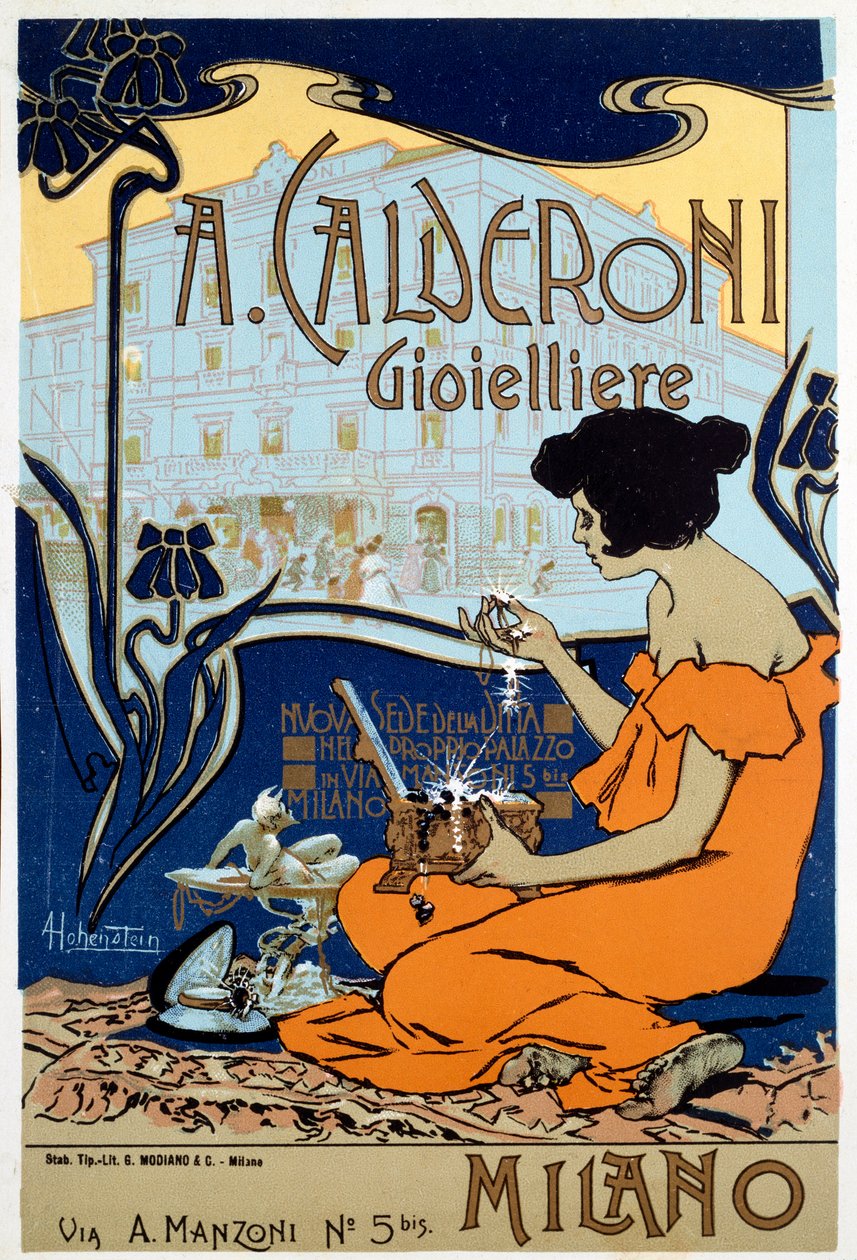 Cartaz publicitário para o joalheiro Calderoni em Milão, c1920 de Adolfo Hohenstein