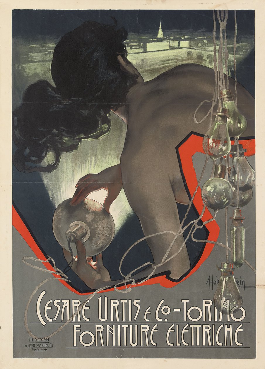 Cartaz publicitário produzido para a empresa italiana de suprimentos de iluminação Cesare Urtis & Co. of Turin, 1889 de Adolfo Hohenstein