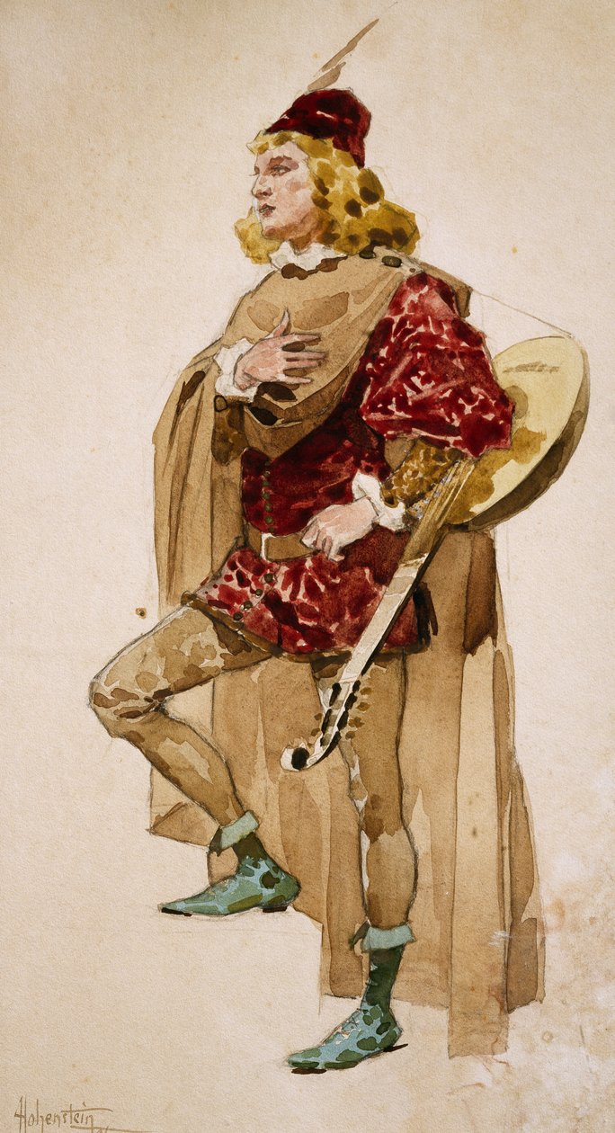 Esboço de figurino de Adolfo Hohenstein (1854-1928) para Zanetto, ópera de Pietro Mascagni (1863-1945) de Adolfo Hohenstein