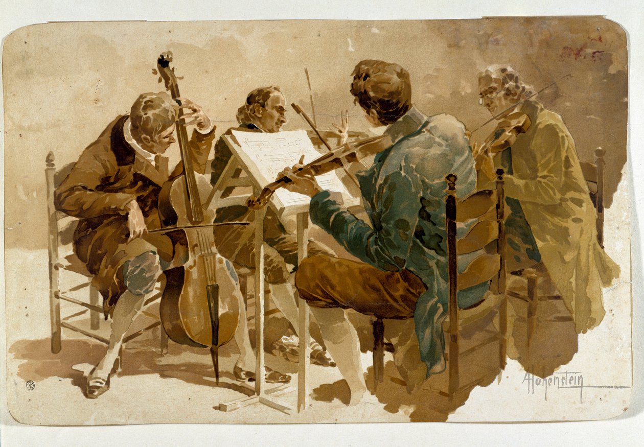 Quatro músicos, três violinistas e um violoncelista. Cartaz de Adolfo Hohenstein (1854-1928) Dim. 293x454 cm Colecção privada de Adolfo Hohenstein