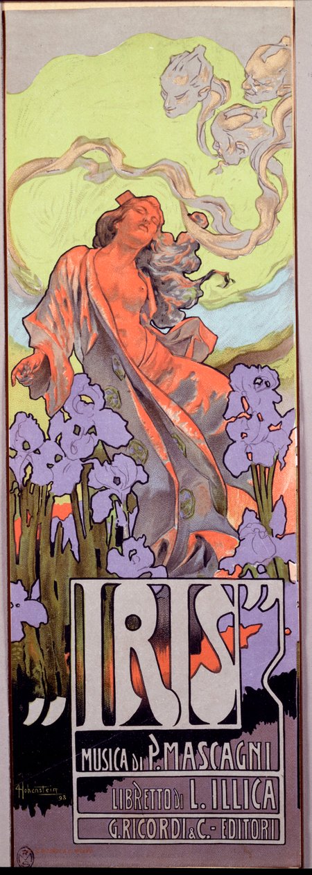 Ópera Iris composta por Pietro Mascagni e libreto italiano de Luigi Illica (1898). Cartaz ilustrado por Adolfo Hohenstein (1854-1928) 1910 Dim. 10x29,5 cm coleção privada milanesa de Adolfo Hohenstein
