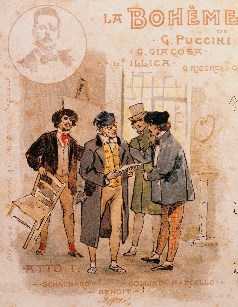 Cartão postal de Adolf Hohenstein (1854-1928) para a primeira apresentação de La Boheme de Adolfo Hohenstein