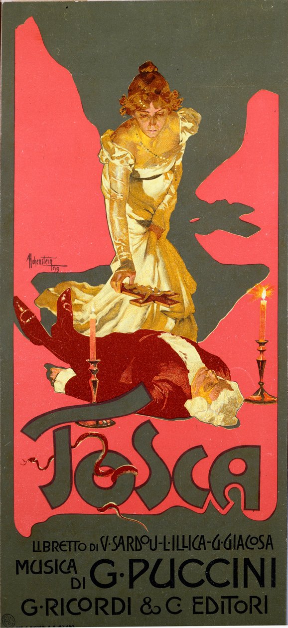 Cartaz em estilo Liberty para a ópera "La Tosca" de Giacomo Puccini (1858-1924) 1906 Dim. 30x13,5 cm Ilustração de Adolfo Hohenstein (1854-1928) Milan Private Collection de Adolfo Hohenstein