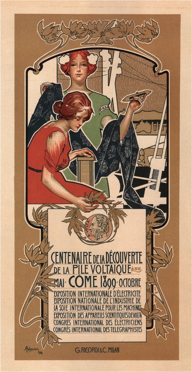 O 100º aniversário da descoberta de Voltas da bateria elétrica, 1898 de Adolfo Hohenstein