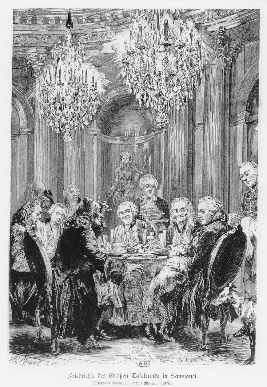 Voltaire sentado ao lado do rei Frederico II no Château de Sans Souci, Potsdam, Alemanha, 1878 de Adolph Menzel