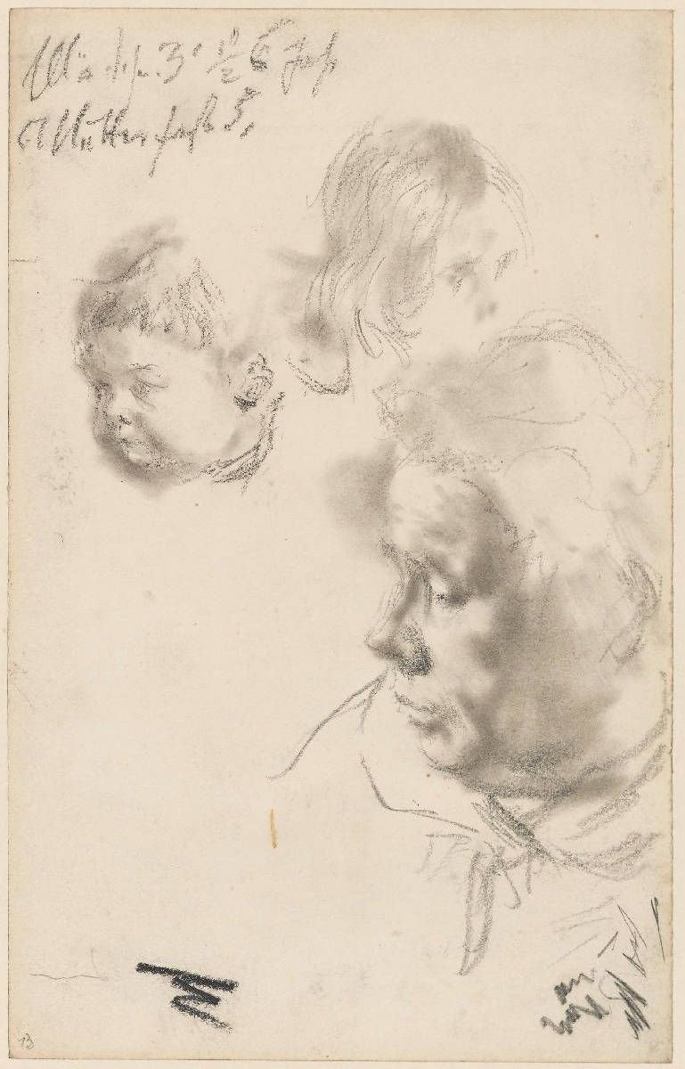 Cabeça de mulher e cabeças de duas crianças de Adolph Menzel
