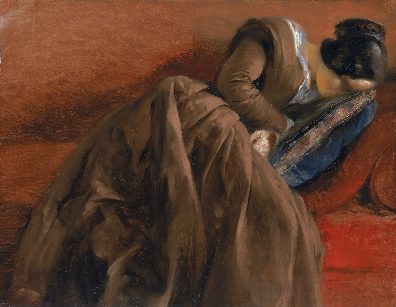 Emilie, a irmã do artista, dormindo, c.1848 (óleo sobre papel montado sobre tela) de Adolph Menzel