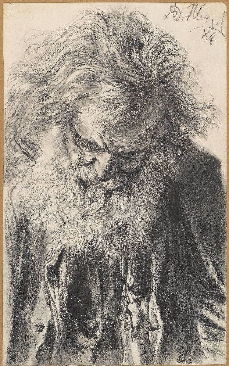 Metade, figura, de, um, barbudo, homem velho, com, cabeça abaixada de Adolph Menzel