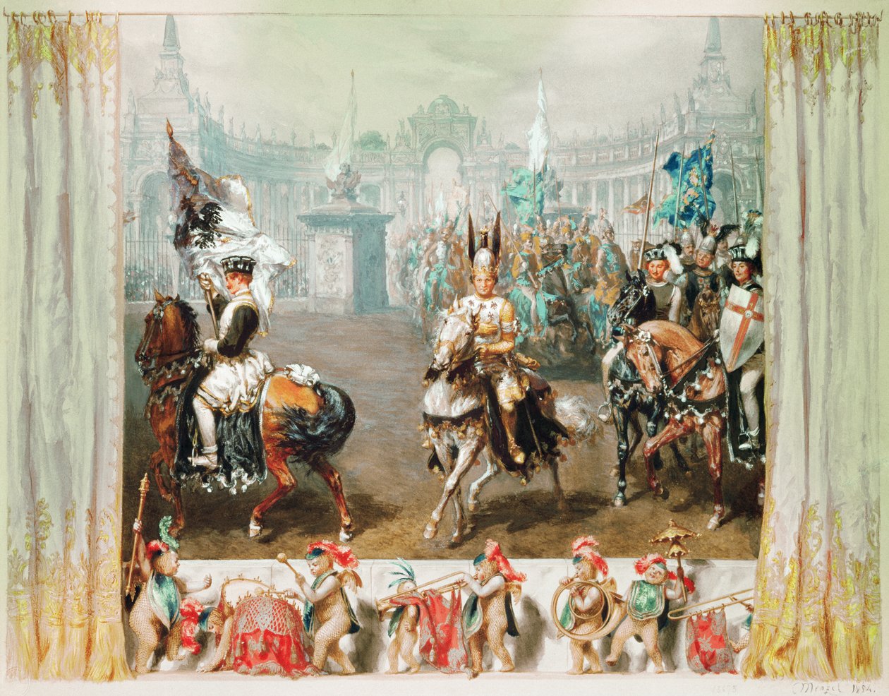Torneio de Cavaleiro, 1854 (wc e guache no papel) de Adolph Menzel