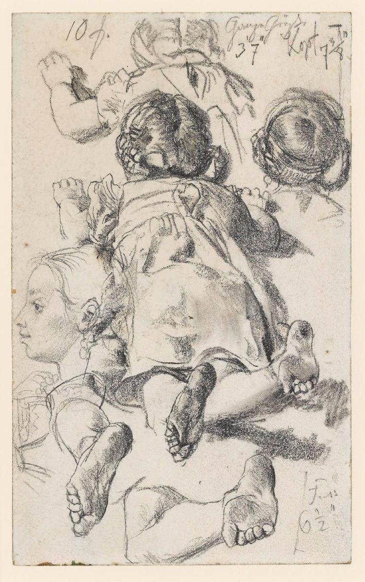 Modelo de estudos de uma menina deitada de barriga para baixo de Adolph Menzel