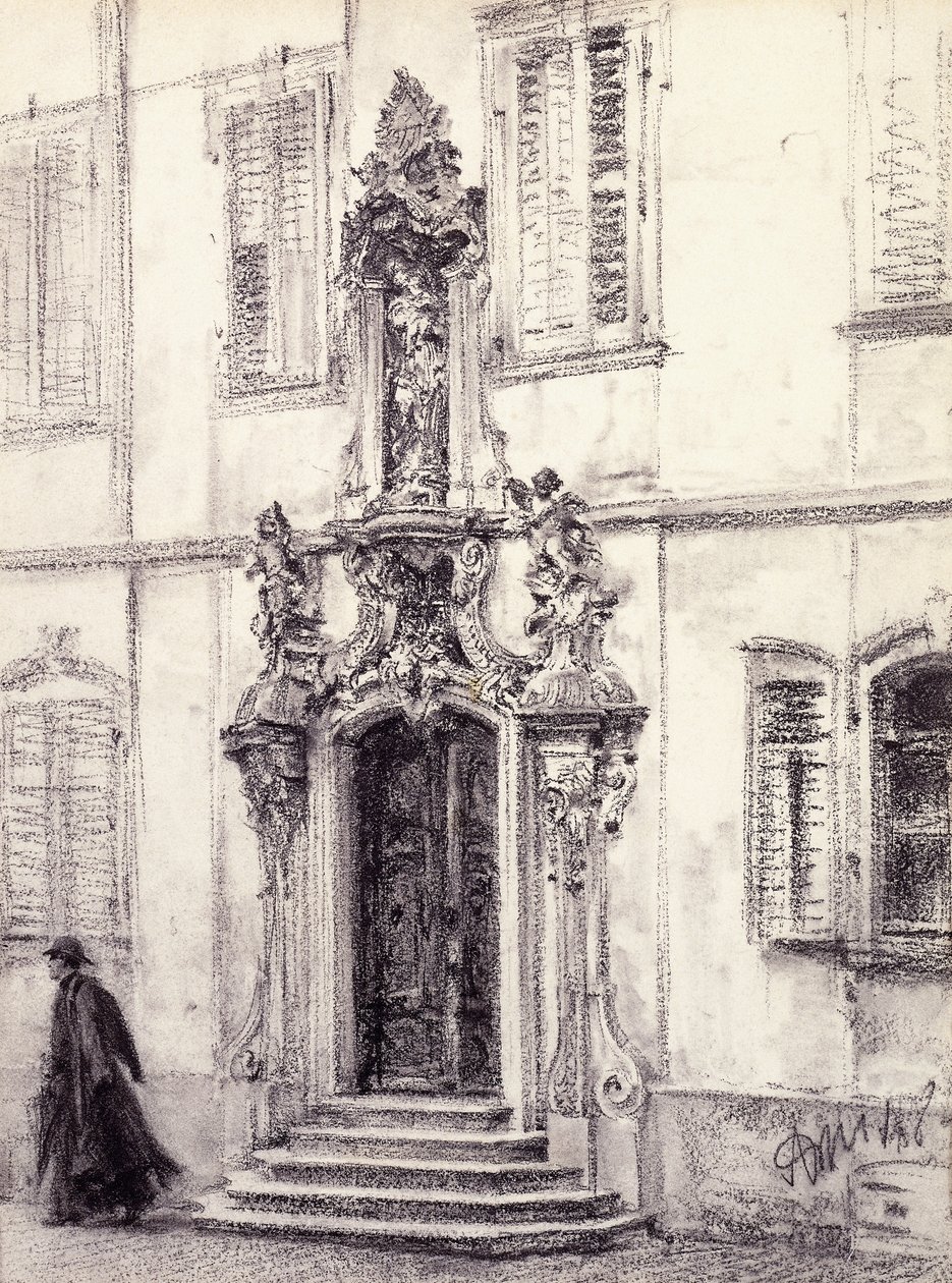 Um homem que desce as escadas de um edifício decorado com um portal barroco, 1884 de Adolph Menzel