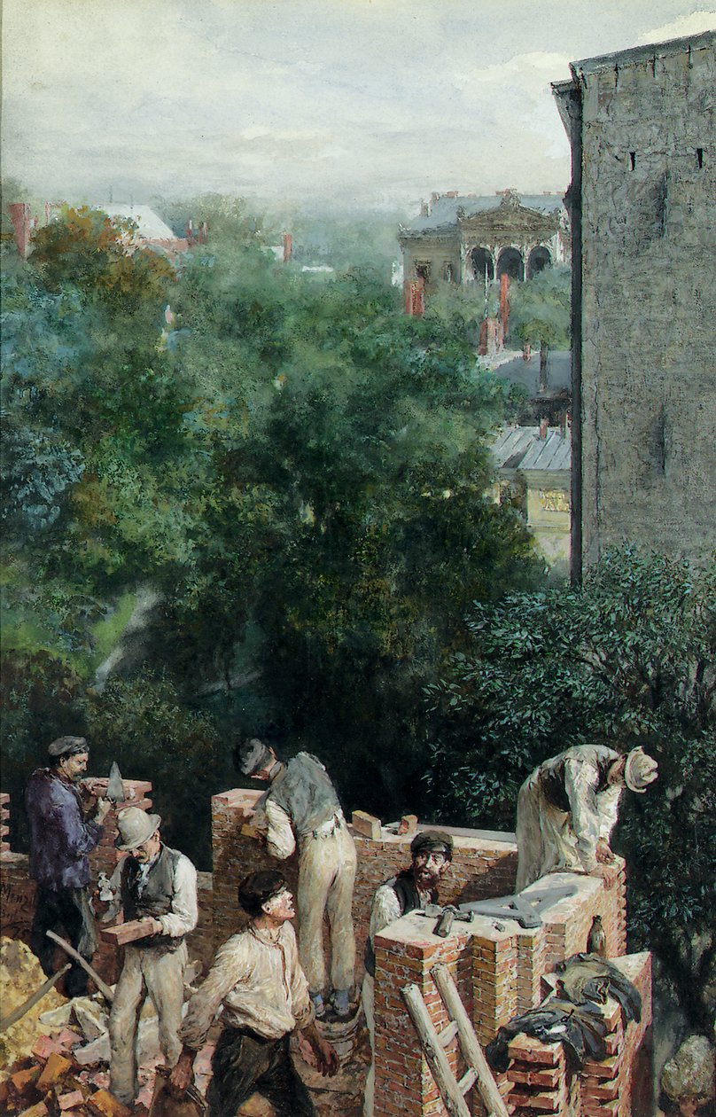 Pedreiros em um canteiro de obras, 1875 de Adolph Menzel