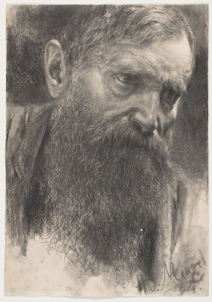 Cabeça de um homem barbudo em meio perfil de Adolph Menzel