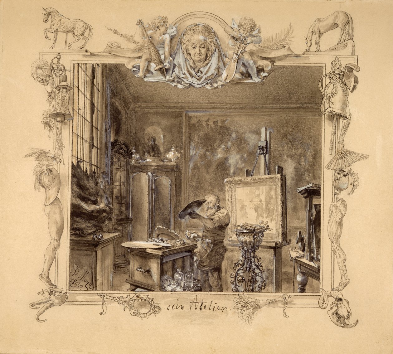 Seu estúdio, 1890 (caneta e tinta no papel) de Adolph Menzel