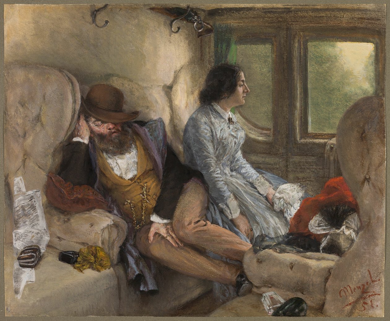 Numa carruagem de comboio (Depois de uma noite de viagem) de Adolph Friedrich Erdmann von Menzel