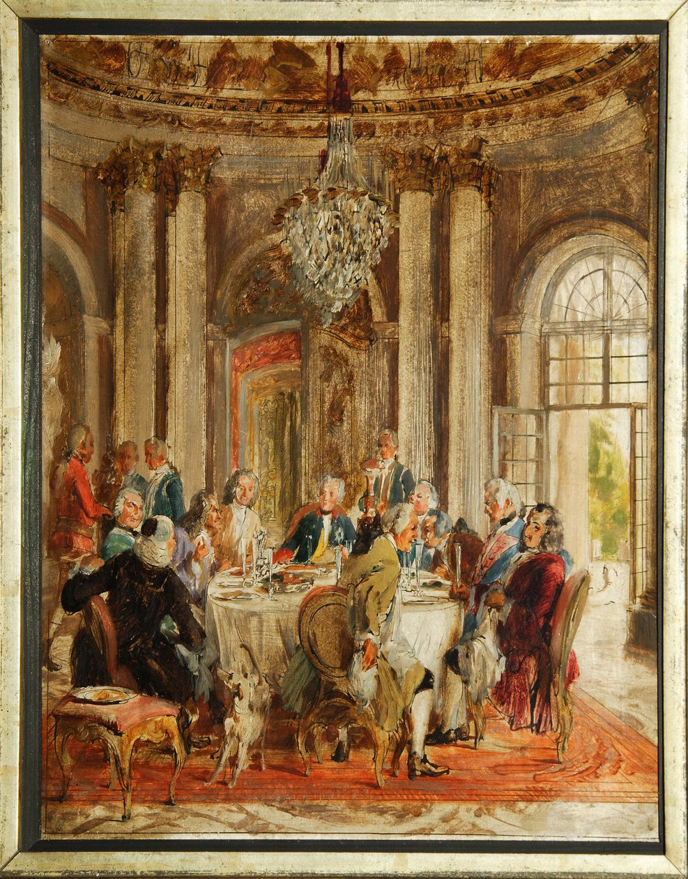A Mesa Redonda de Frederico II da Prússia (1712-1786) com Voltaire (François-Marie (François Marie) Arouet de Voltaire (1694-1778) e Christoph Ludwig von Stille (1696-1752) no Palácio de Sanssouci - Esboço de Adolph Friedrich von Menzel (1815-1905), óleo de Adolph Menzel