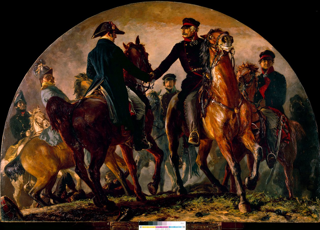 Encontro de Gebhard Leberecht von Blucher (1742-1819) e Arthur Wellesley Wellington (1769-1852), na Batalha de La Belle Alliance (1815). Pintura de Adolf Menzel (1815-1905) Ec. Todos de Adolph Menzel