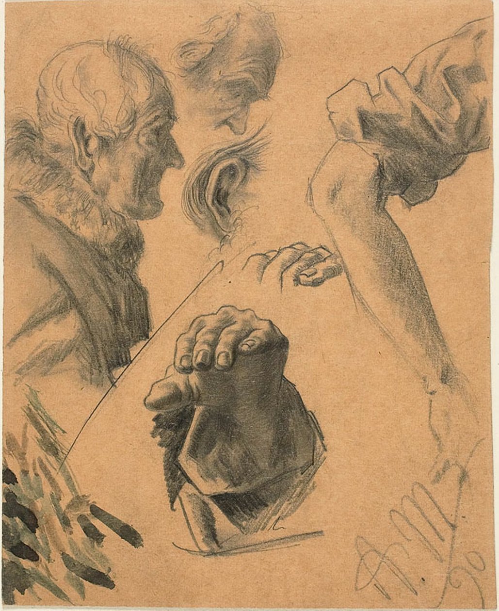 Esboços de mãos, braços e cabeças de Adolph Menzel