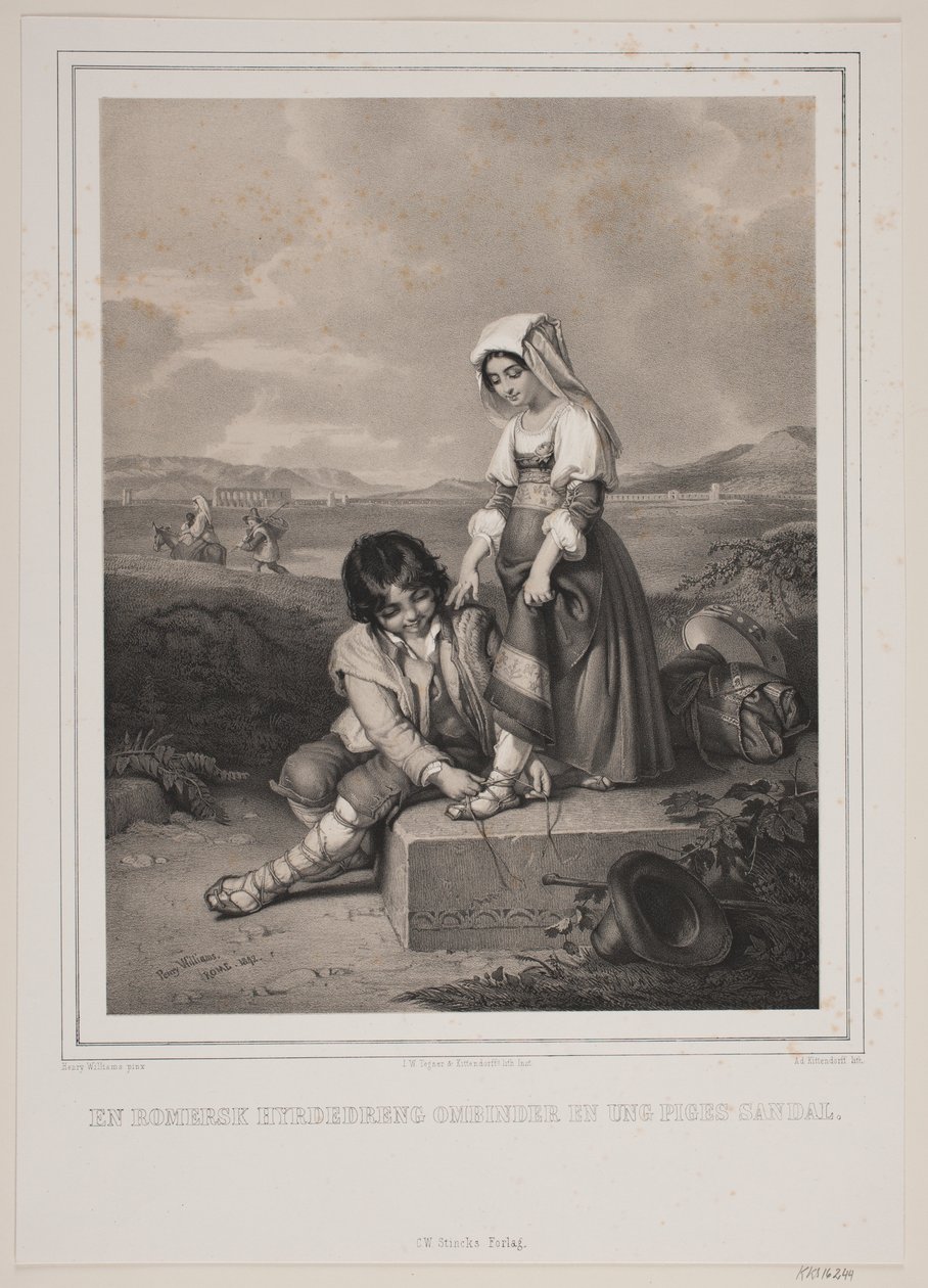 Um menino pastor romano amarra a sandália de uma jovem. de Johan Adolph Kittendorff