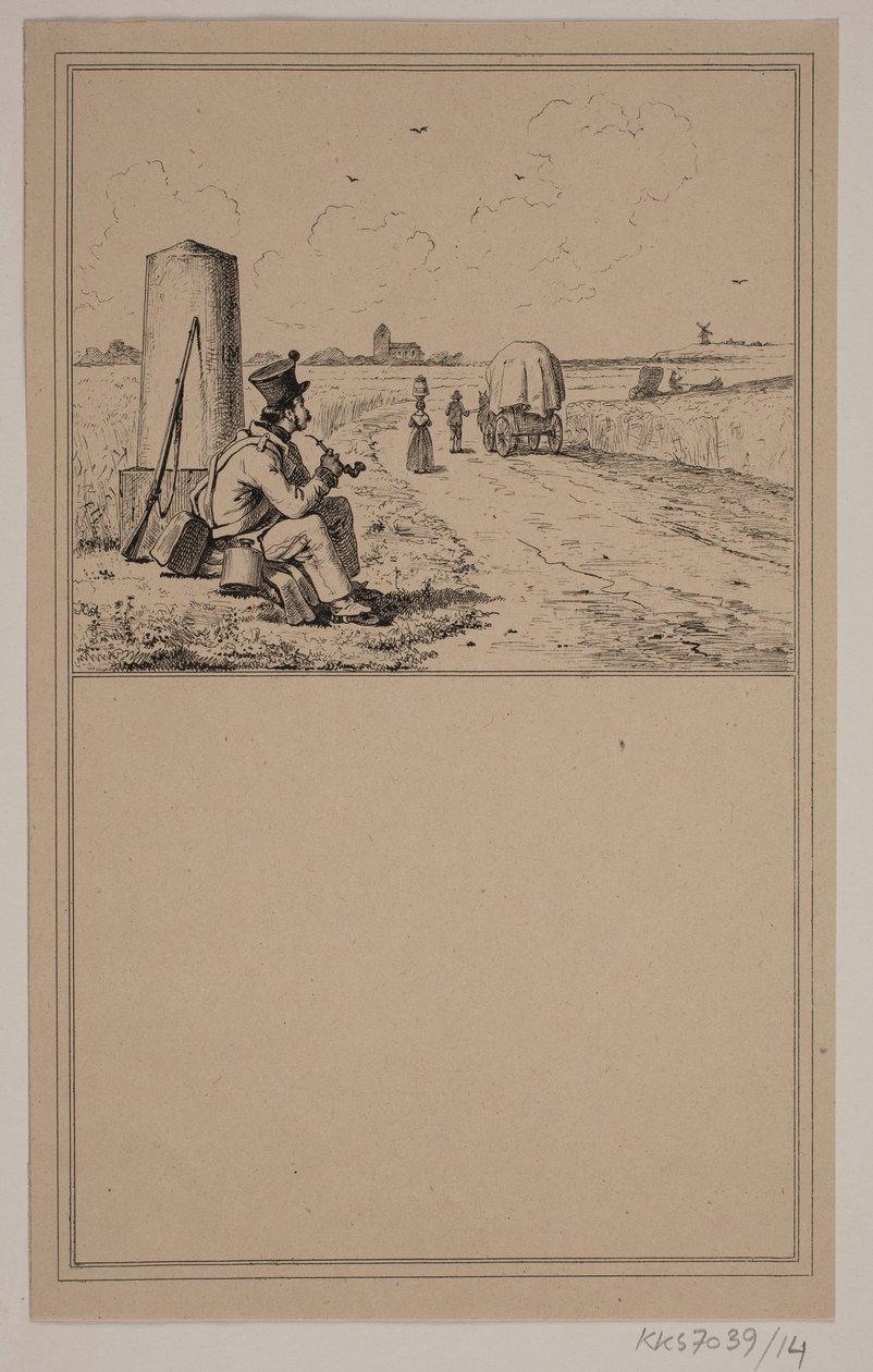 O soldado em uma caminhada. Não. 13 em Cr. Winther e M. Rørbye, "25 fotos para crianças pequenas" de Johan Adolph Kittendorff
