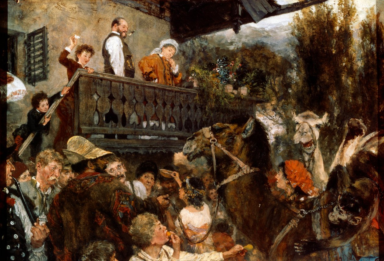 Cameleers de circo itinerantes em Partenkirchen, 1884. de Adolph Menzel